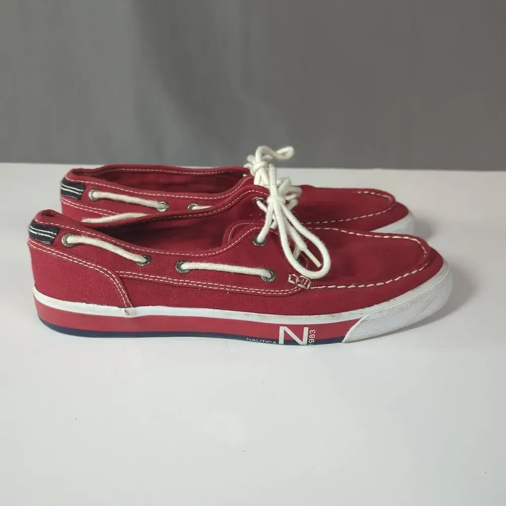 Nautica Red Canvas Boat Shoes Men's 9 Deck Shoes Preppy Coastal Casual